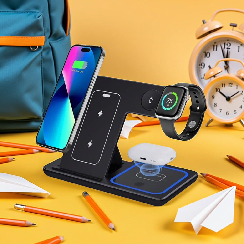 15W 3 In 1 LED Fast Wireless Charger Stand Foldable Charging Station For Smartphone 15 14 13 12 11 IWatch 9 8 7 6 5 Airpods Pro